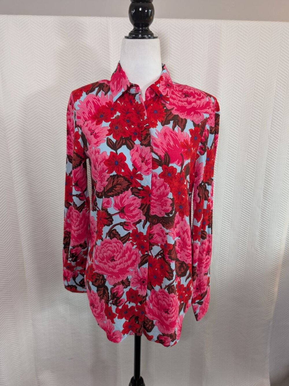 ZARA Floral Button-Down Blouse Pink Red Aqua Size XS Shoulder Pads Feminine